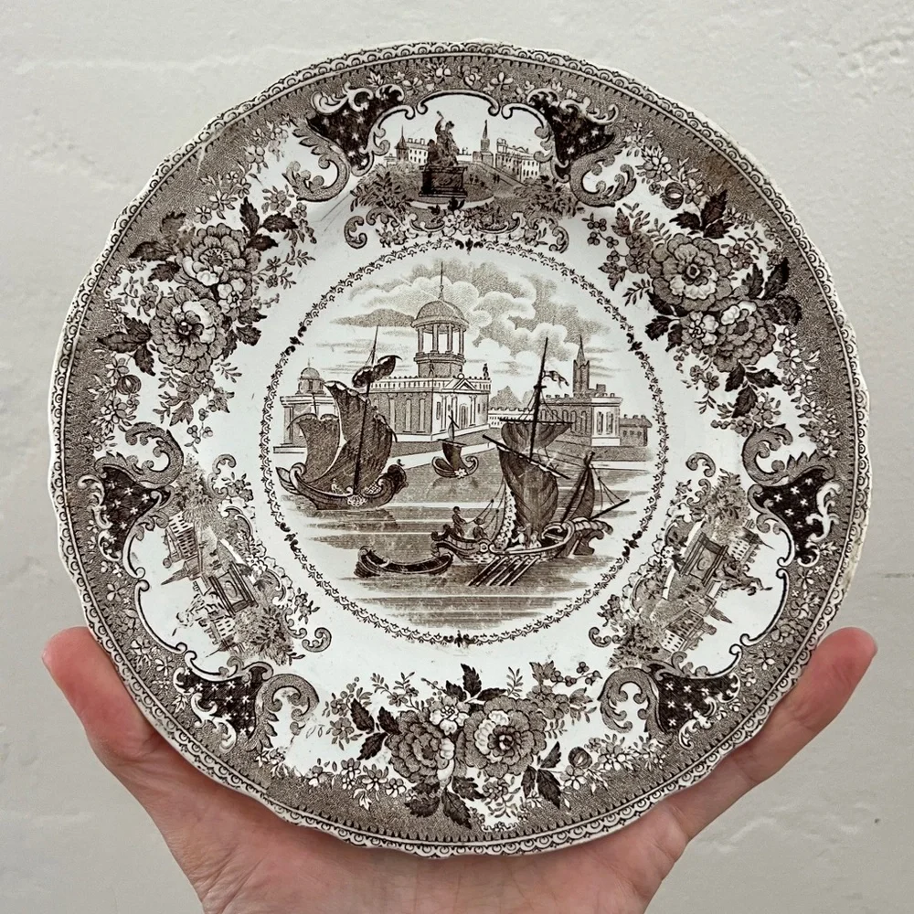 Set 4 Antique English Transferware Gondola Boat Brown White Scallop Plates 1830s